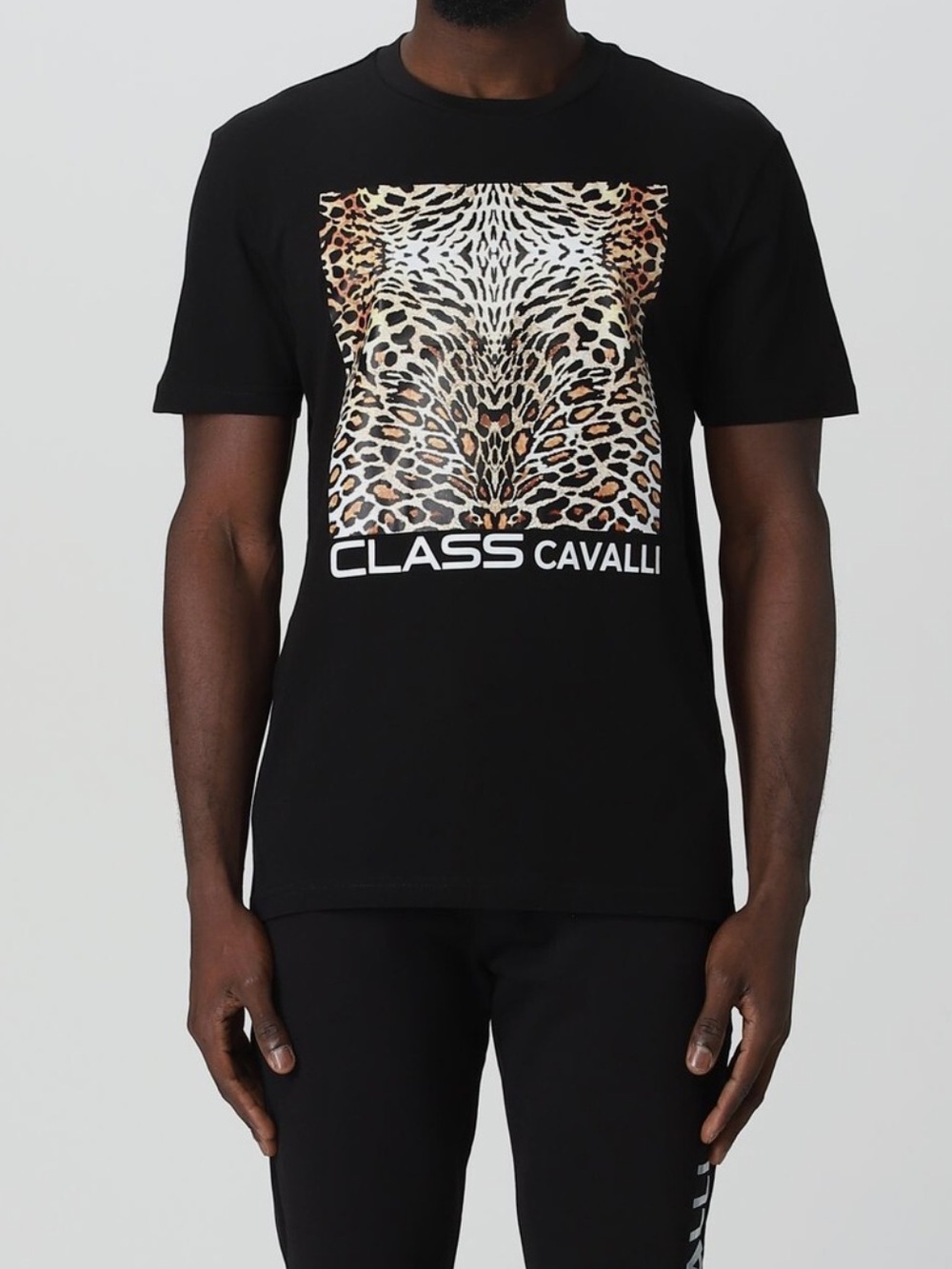 Cavalli Class Black Tee with Leopard Graphic Panel, L